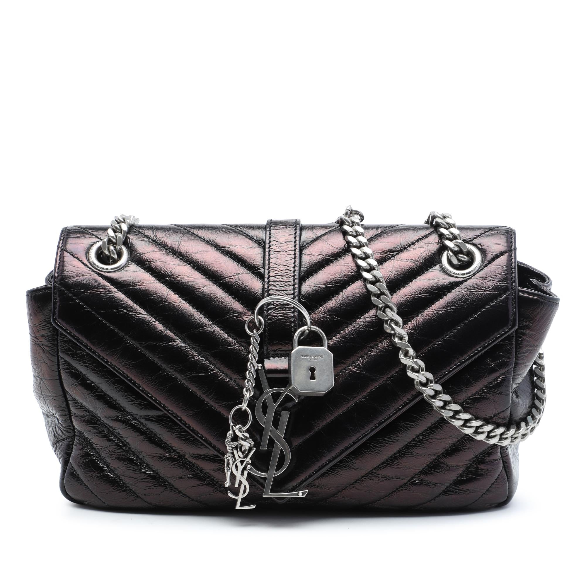 Saint Laurent Medium Chevron Metallic Crinkled Calfskin Punk Chain Bag