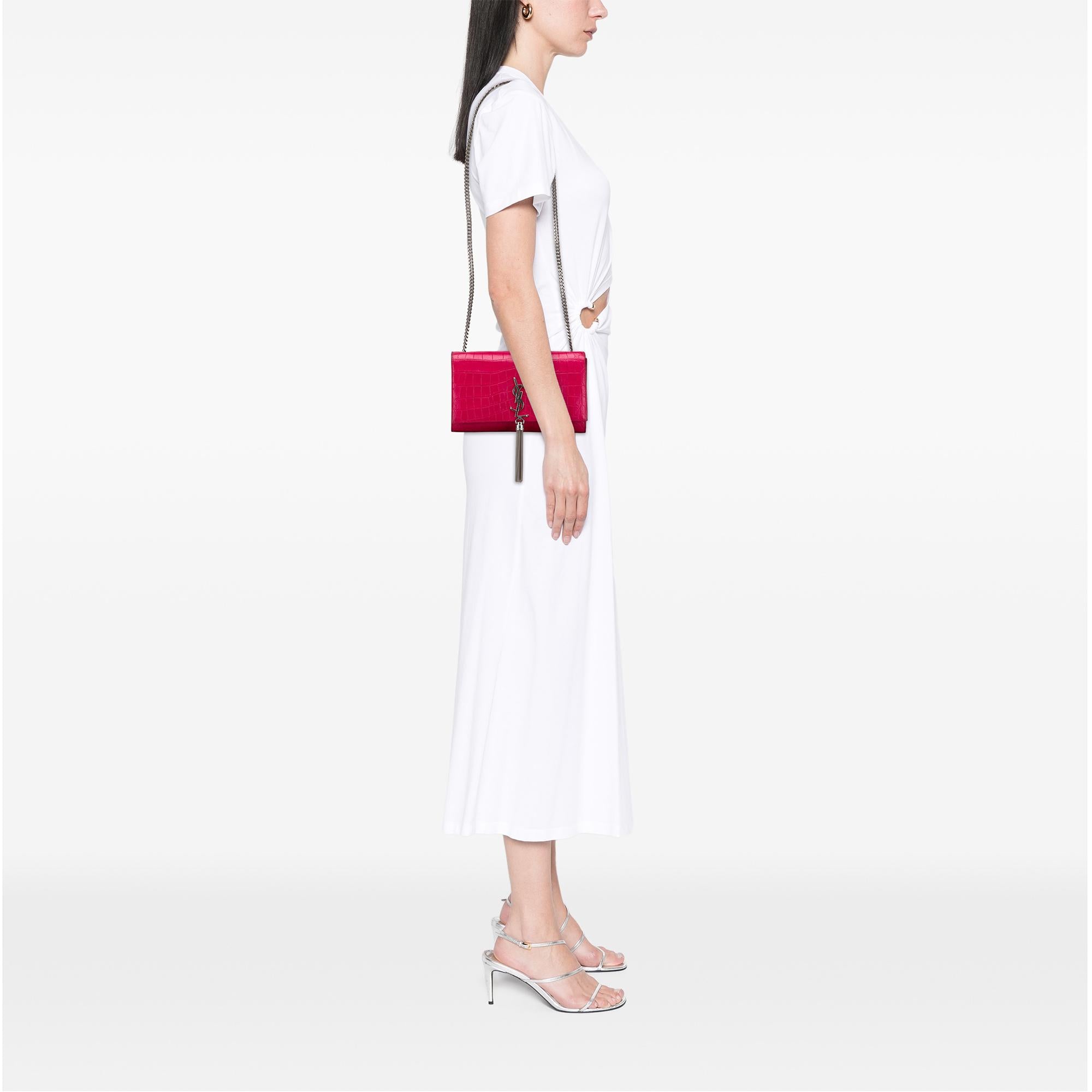 Saint Laurent Medium Croc Embossed Leather Kate Tassel Crossbody