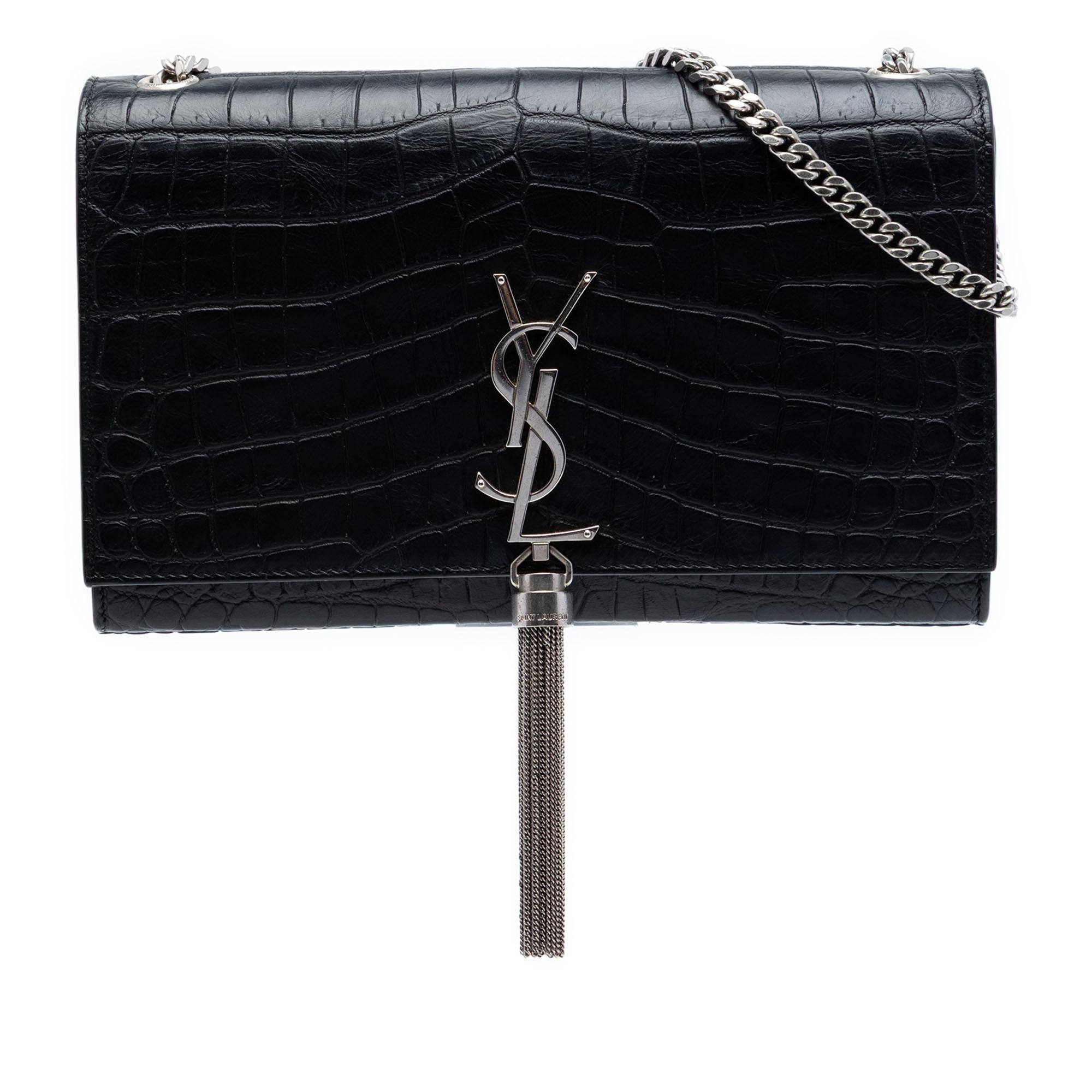 Saint Laurent Medium Croc Embossed Leather Kate Tassel Crossbody