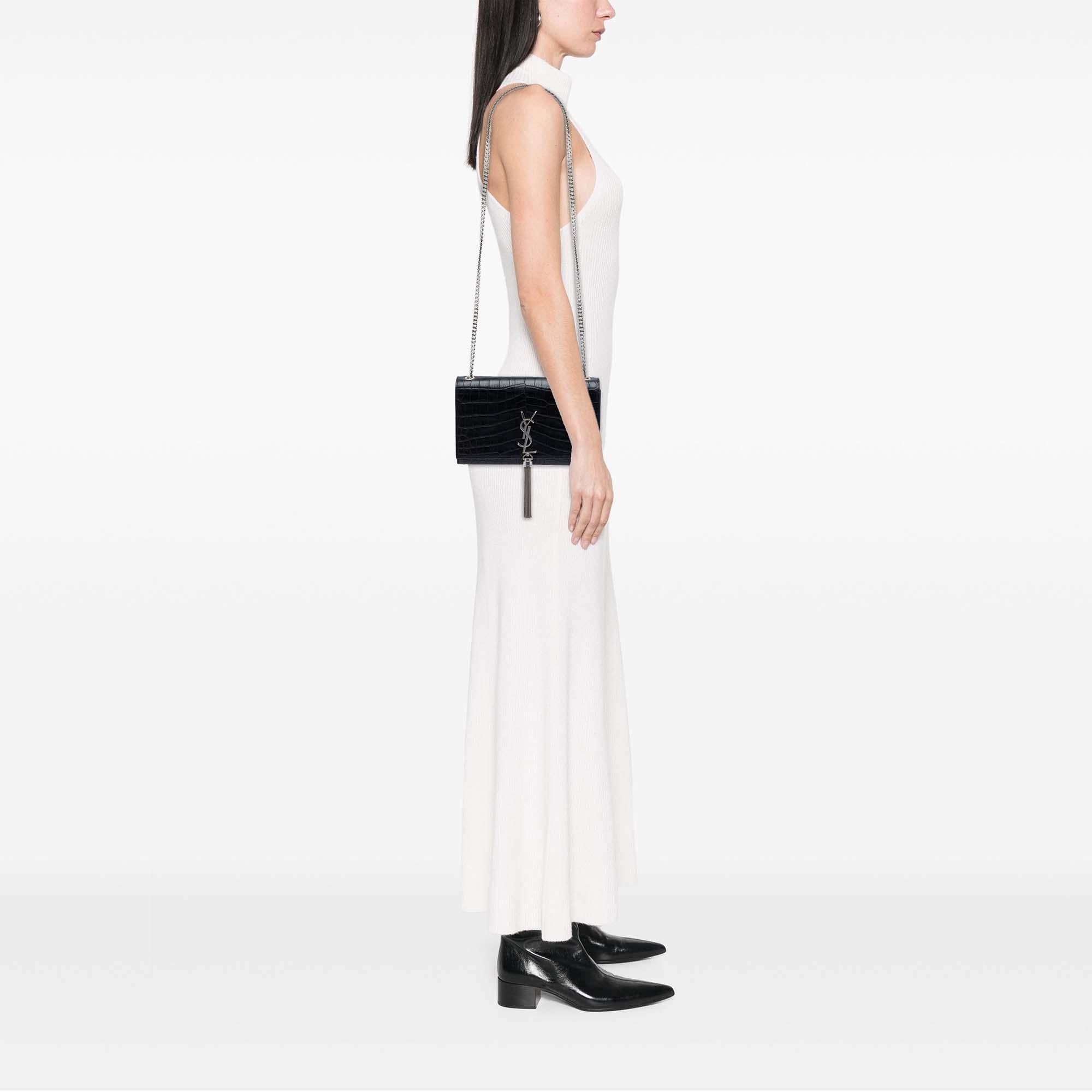 Saint Laurent Medium Croc Embossed Leather Kate Tassel Crossbody