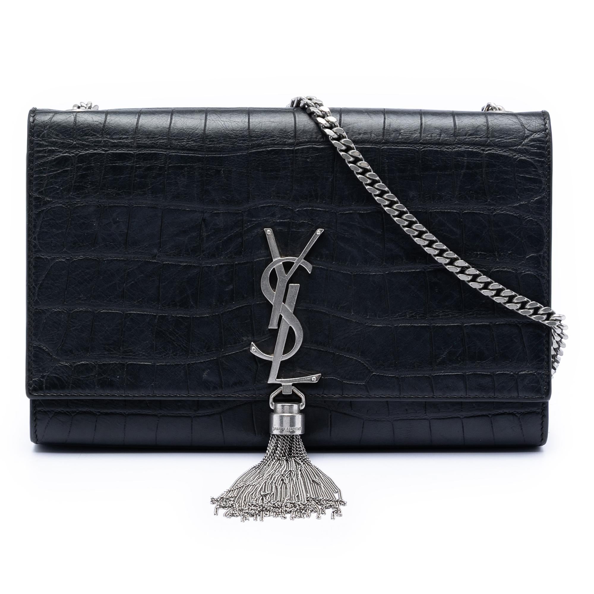 Saint Laurent Medium Croc Embossed Leather Kate Tassel Crossbody