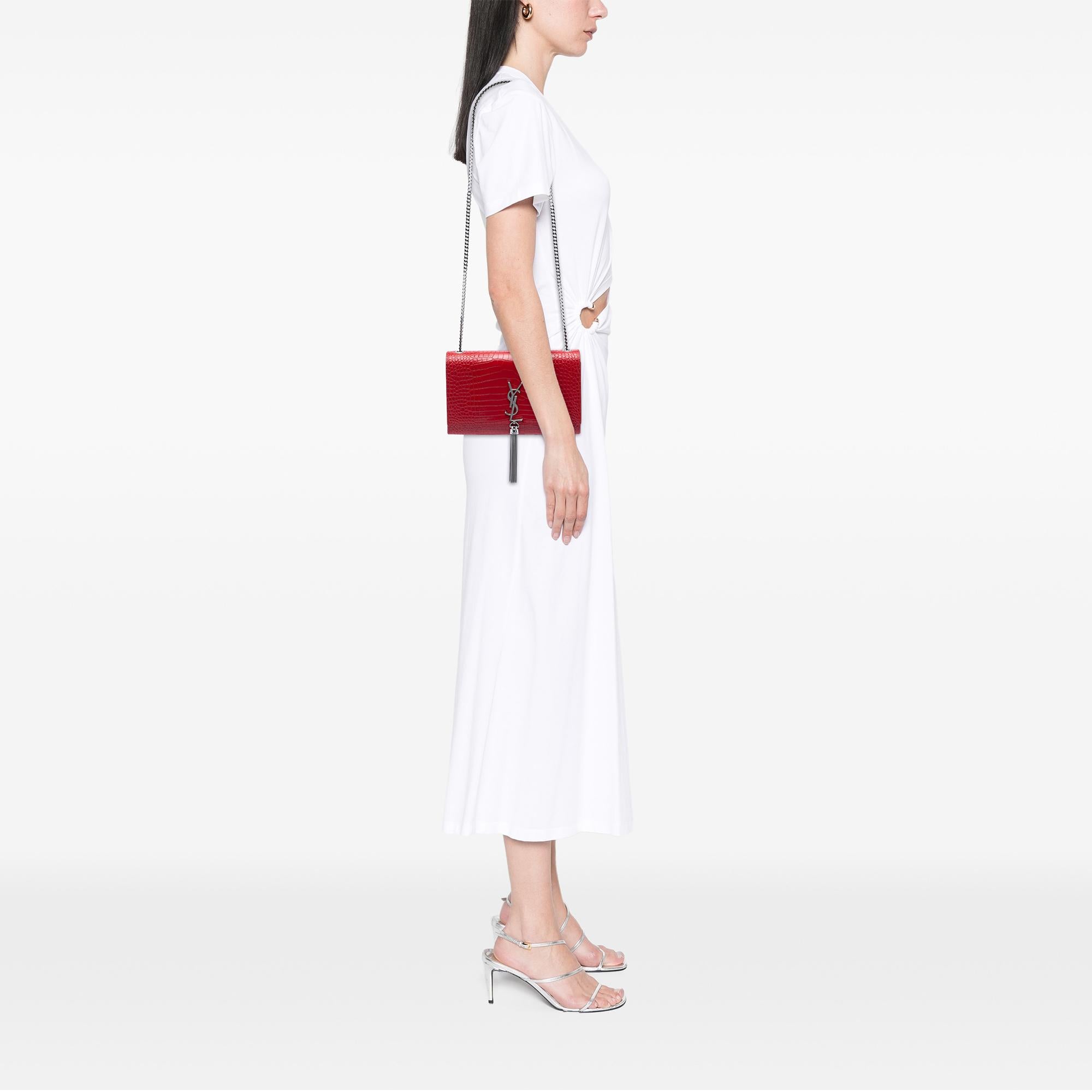 Saint Laurent Medium Croc Embossed Leather Kate Tassel Crossbody