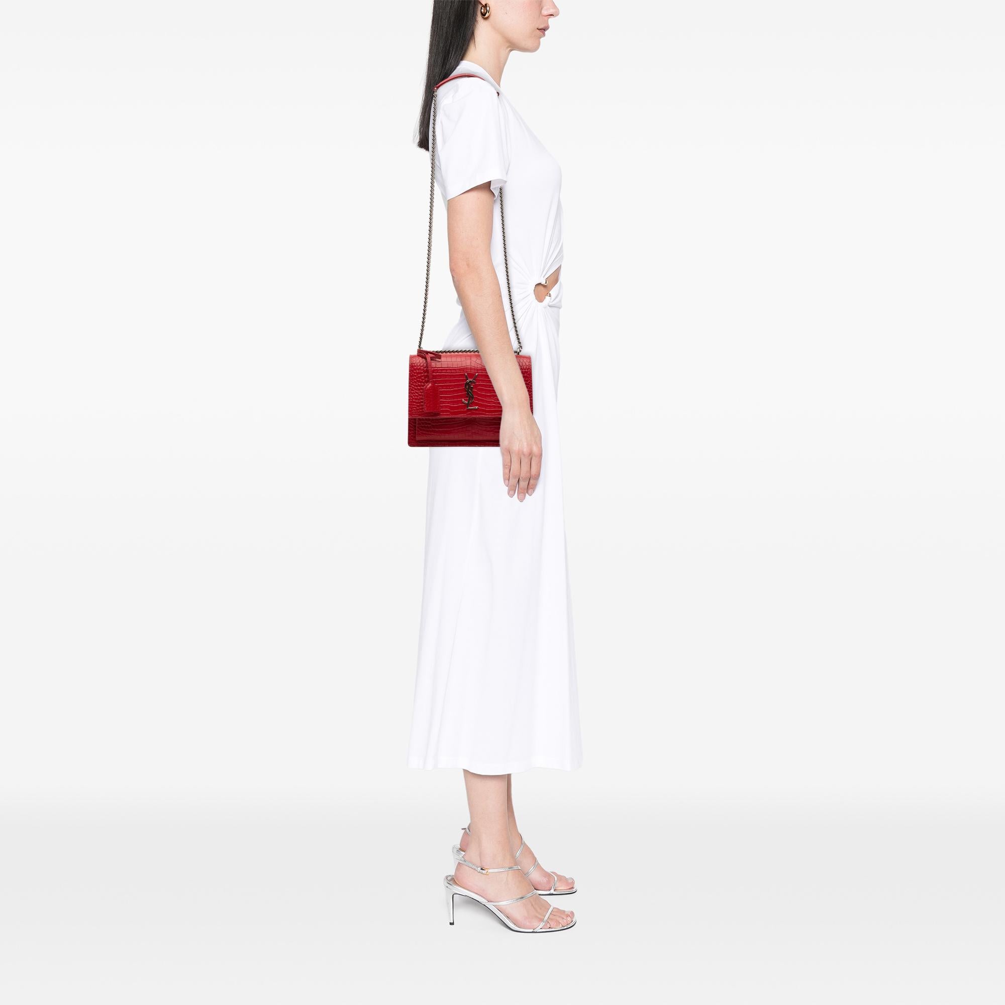 Saint Laurent Medium Croc Embossed Leather Monogram Sunset Crossbody