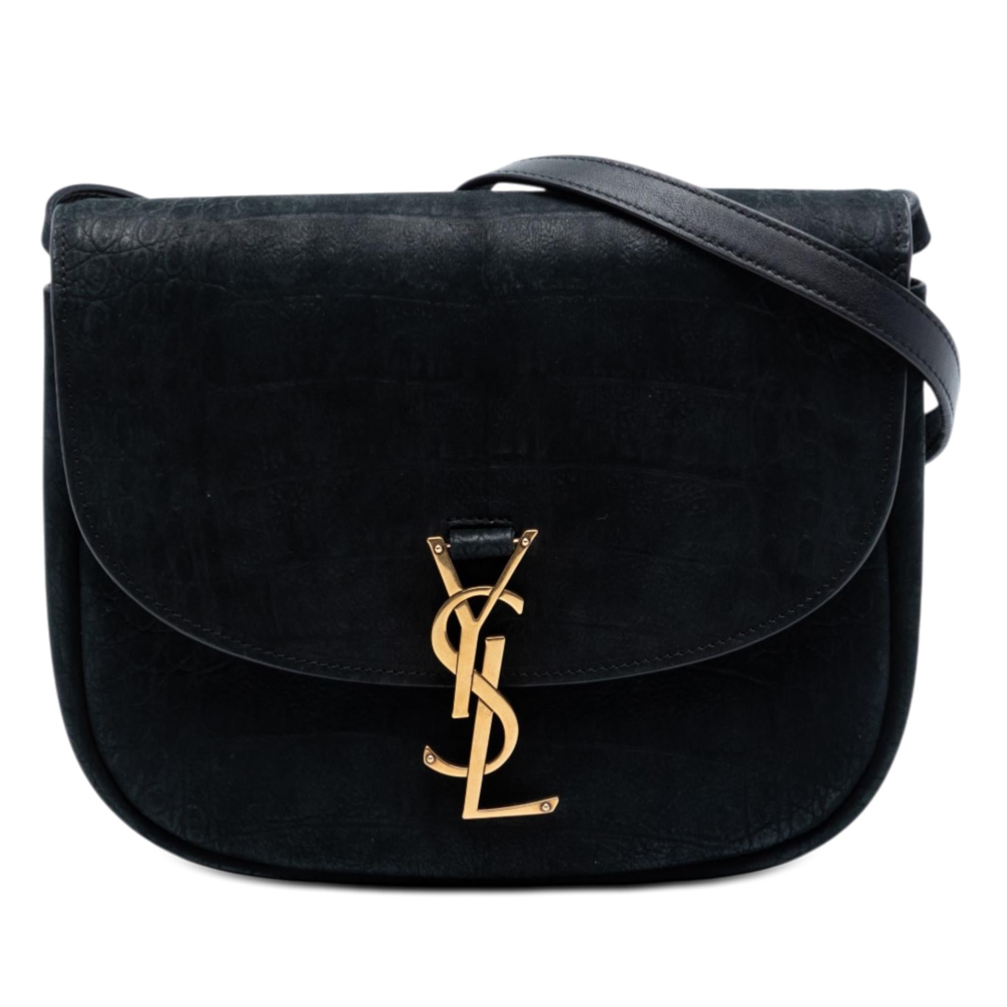Saint Laurent Medium Croc Embossed Nubuck Monogram Kaia Crossbody
