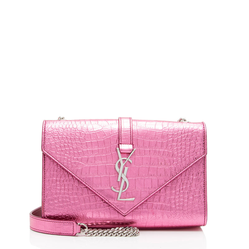 Saint Laurent Metallic Croc Embossed Leather Monogram Small Envelope Bag (SHF-NH7kKe)