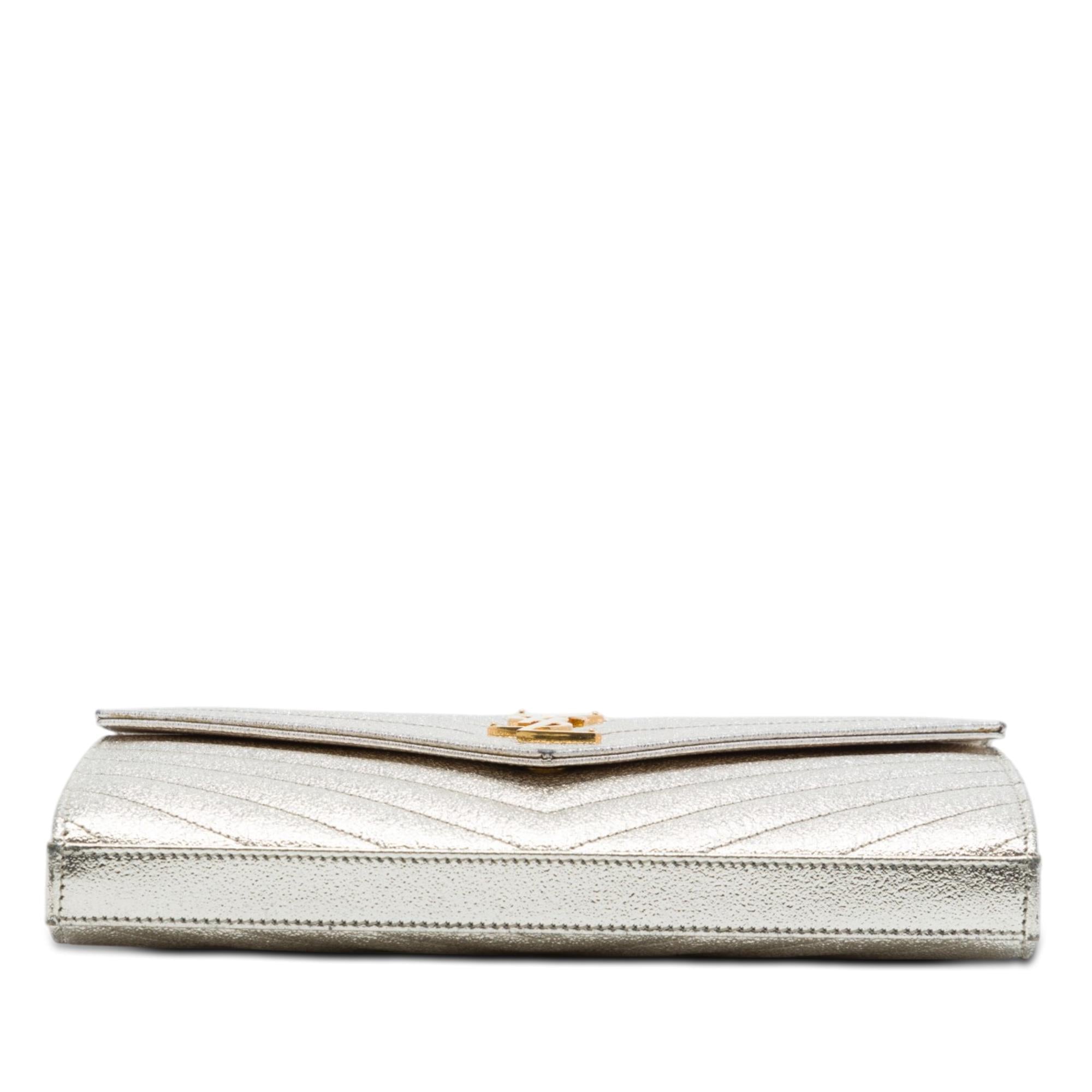 Saint Laurent Metallic Grain De Poudre Matelasse Chevron Monogram Chain Wallet