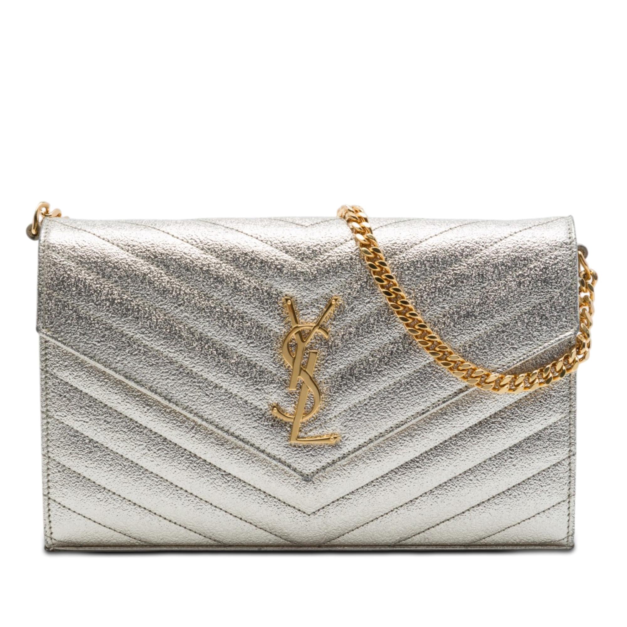Saint Laurent Metallic Grain De Poudre Matelasse Chevron Monogram Chain Wallet