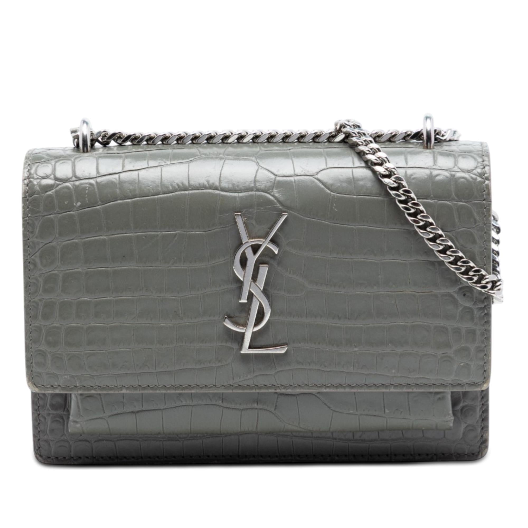 Saint Laurent Mini Croc Embossed Leather Monogram Sunset Wallet on Chain