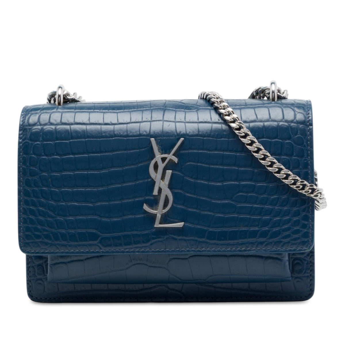 Saint Laurent Mini Croc Embossed Leather  Monogram Sunset Wallet on Chain