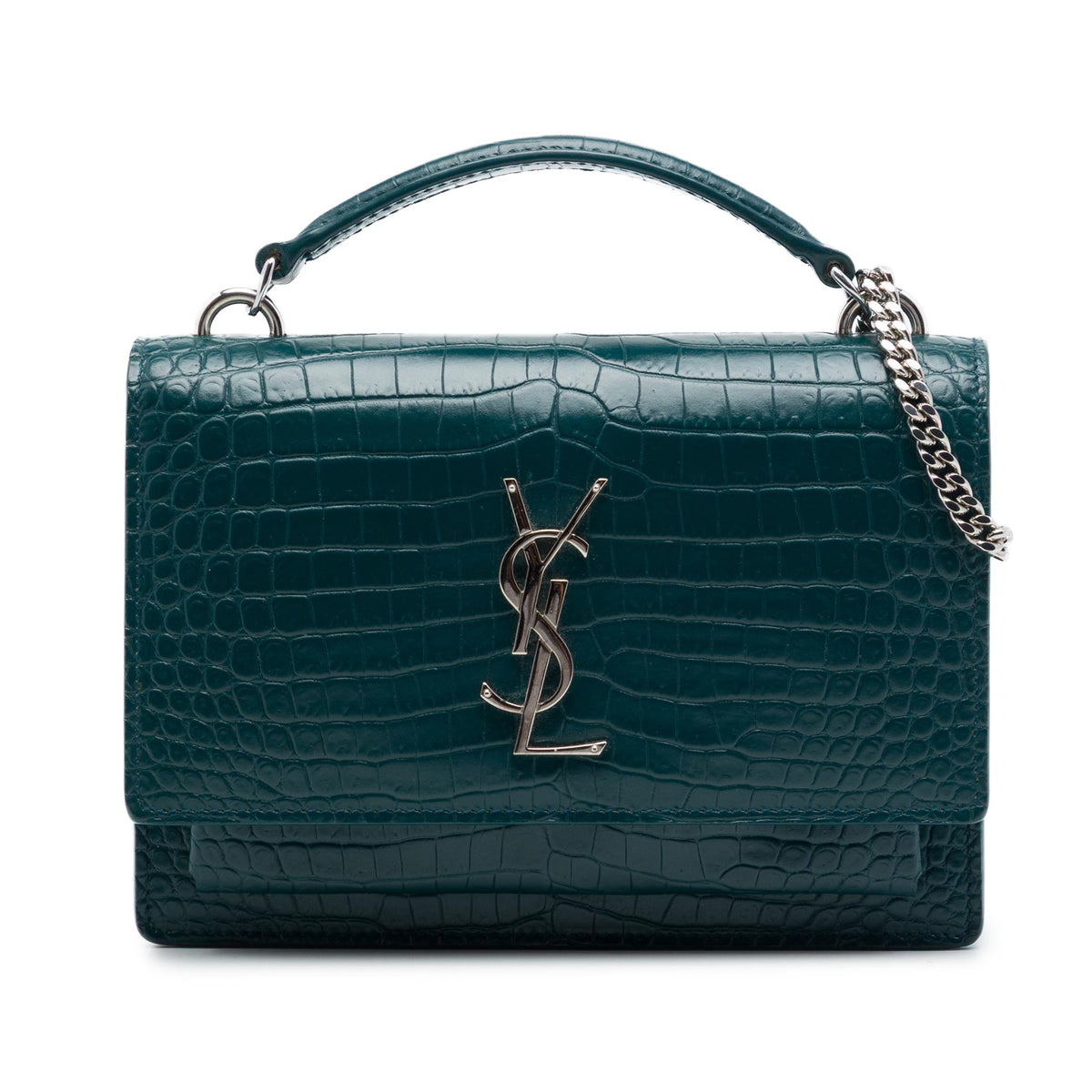 Saint Laurent Mini Croc Embossed Leather Monogram Sunset Wallet on Chain