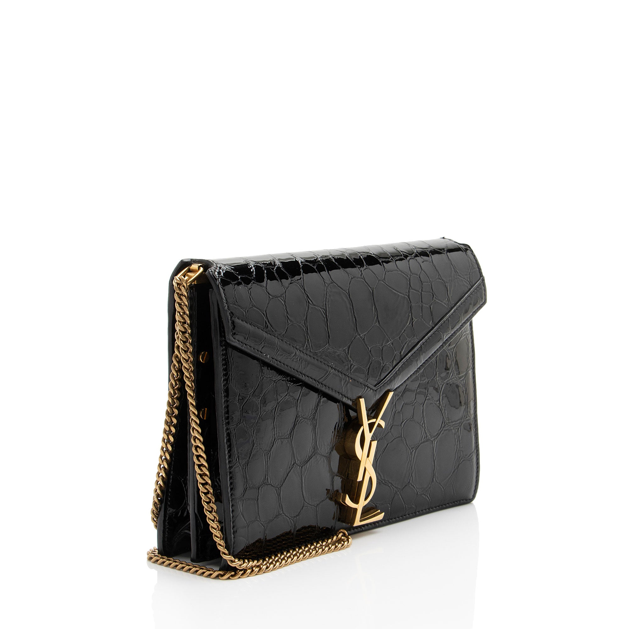 Saint Laurent Croc Embossed Patent Leather Monogram Cassandra Medium Chain Bag