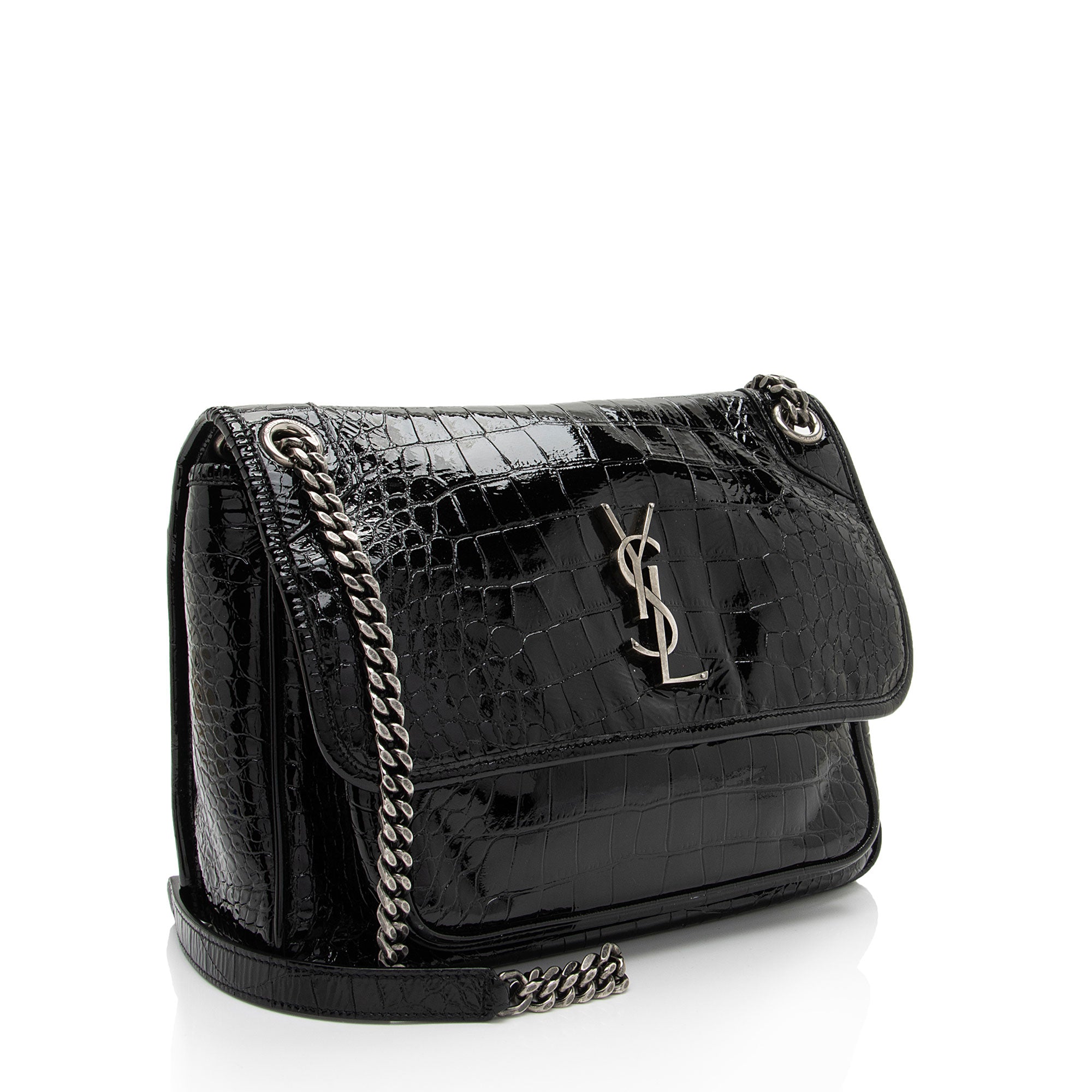 Saint Laurent Patent Croc Embossed Leather Monogram Niki Medium Shoulder Bag (SHF-zhfiM7)