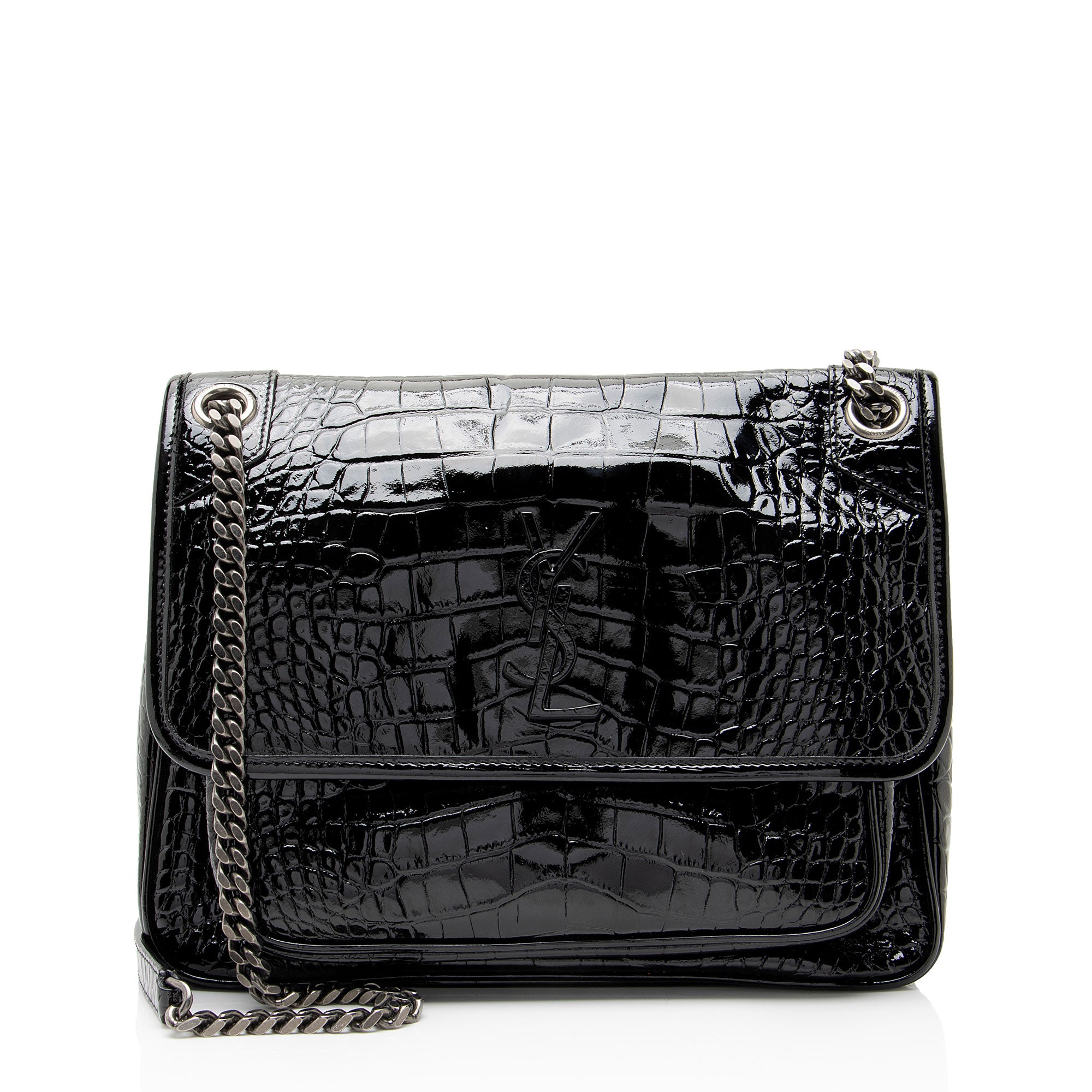 Saint Laurent Patent Croc Embossed Leather Monogram Niki Medium Shoulder Bag