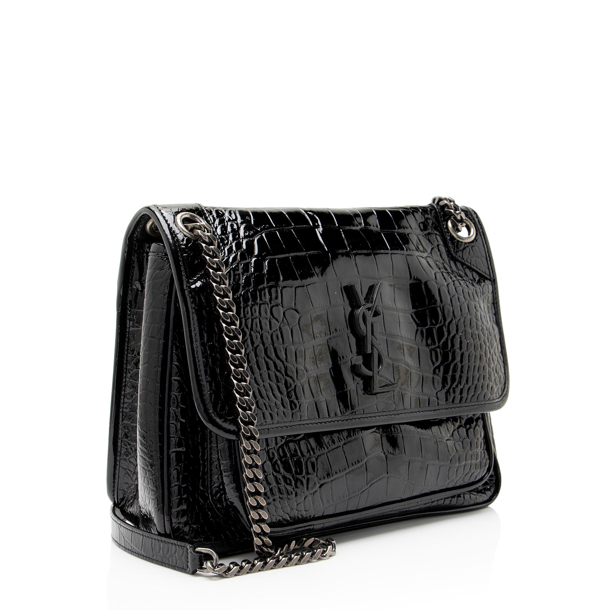 Saint Laurent Patent Croc Embossed Leather Monogram Niki Medium Shoulder Bag