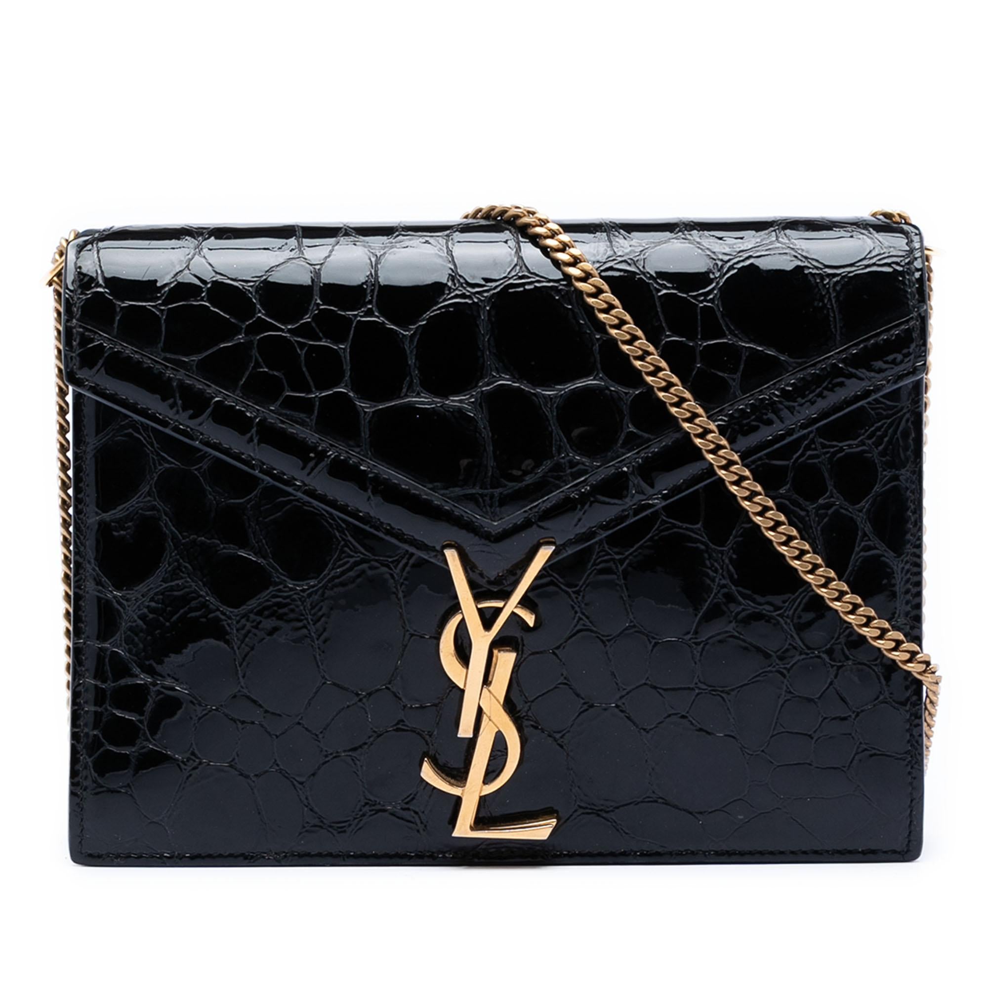 Saint Laurent Shiny Croc Embossed Calfskin Monogram Cassandra Chain Wallet