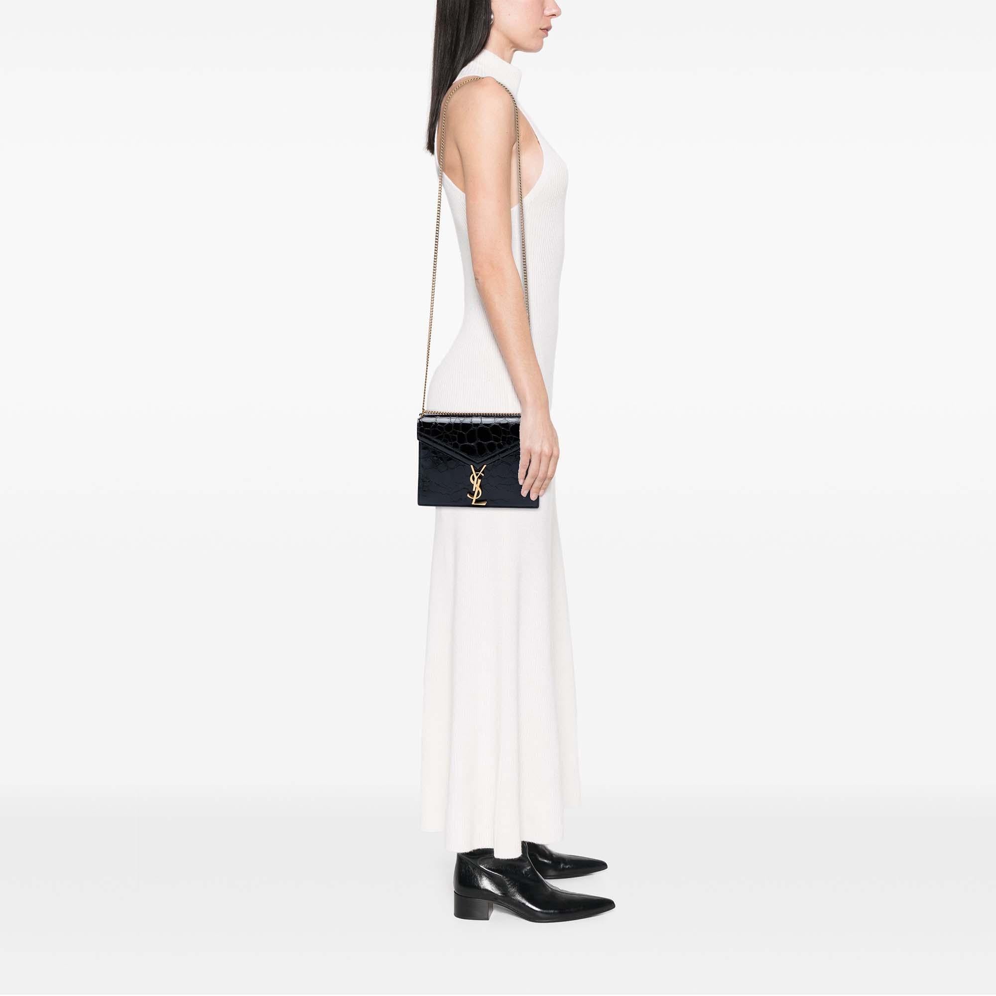 Saint Laurent Shiny Croc Embossed Calfskin Monogram Cassandra Chain Wallet
