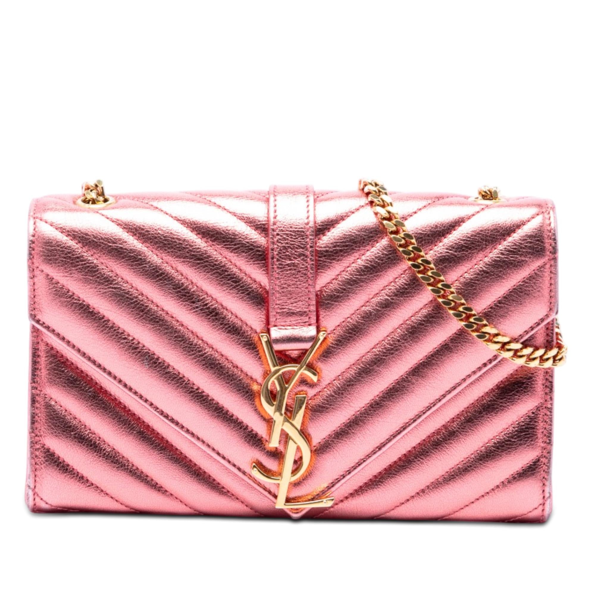Saint Laurent Small Chevron Metallic Calfskin Monogram Envelope Bag