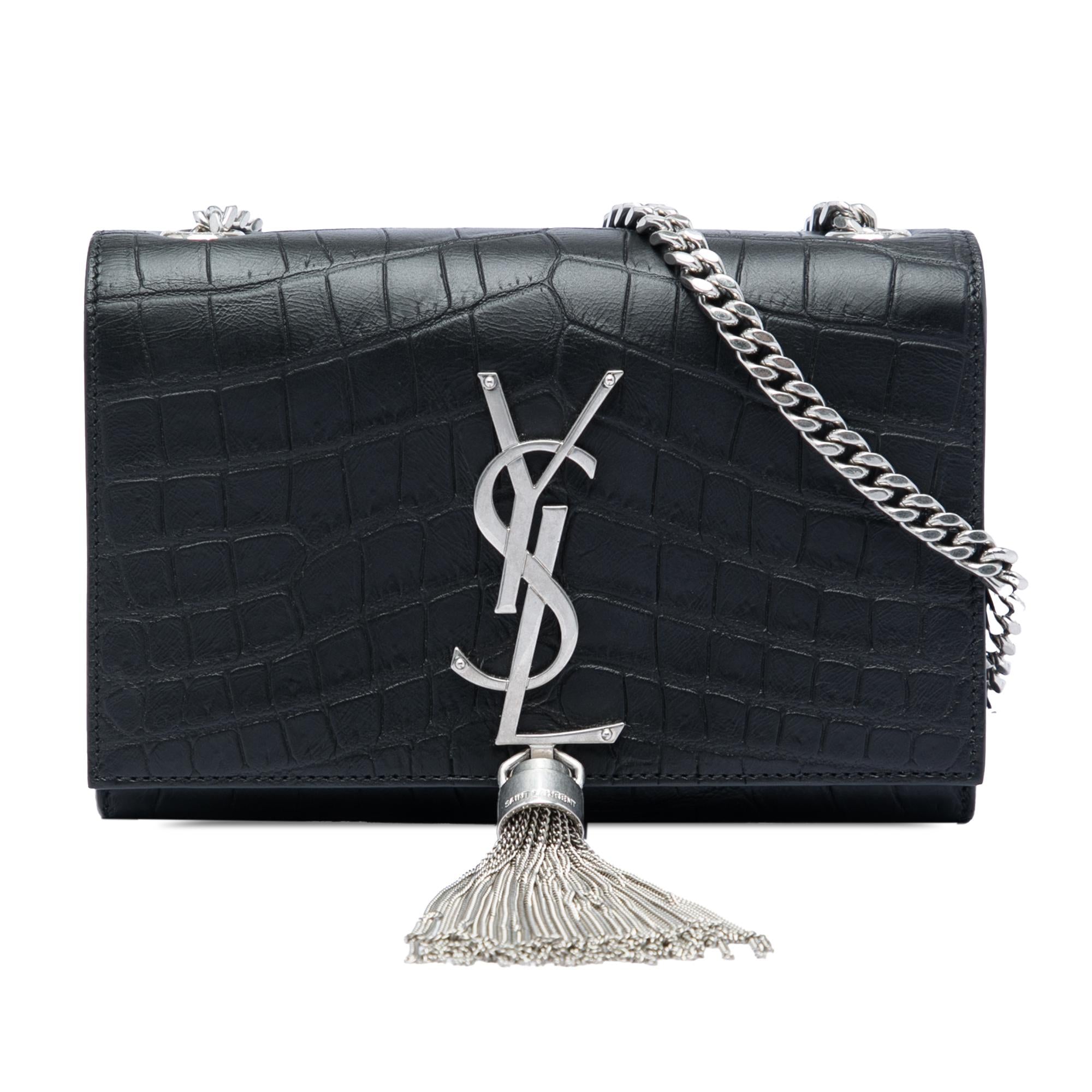 Saint Laurent Small Croc Embossed Leather Monogram Kate Tassel Crossbody