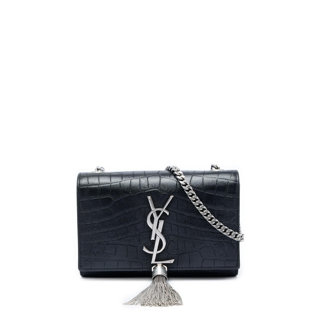 Saint Laurent Small Croc Embossed Leather Monogram Kate Tassel Crossbody