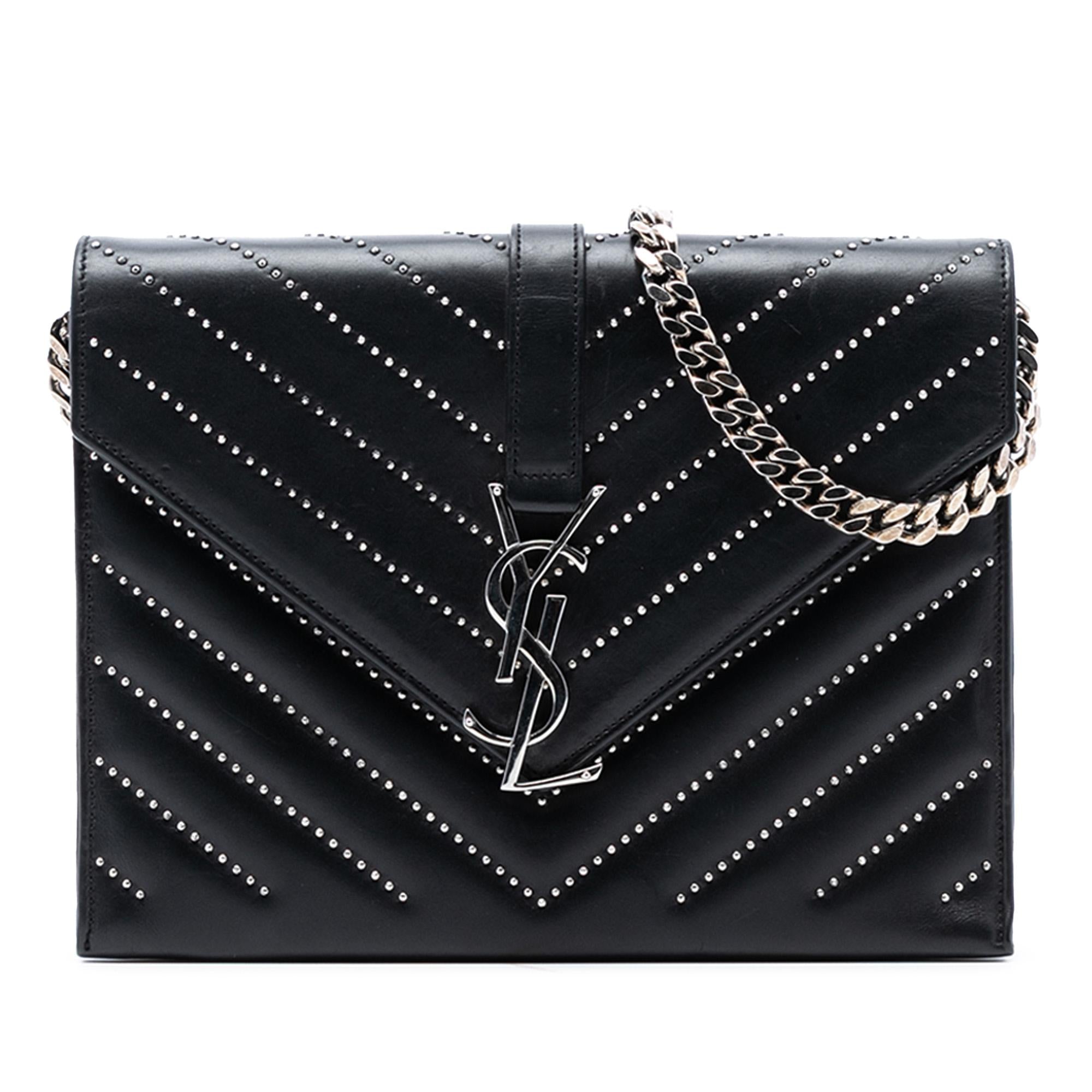Saint Laurent Studded Chevron Calfskin Monogram Envelope Chain Flap