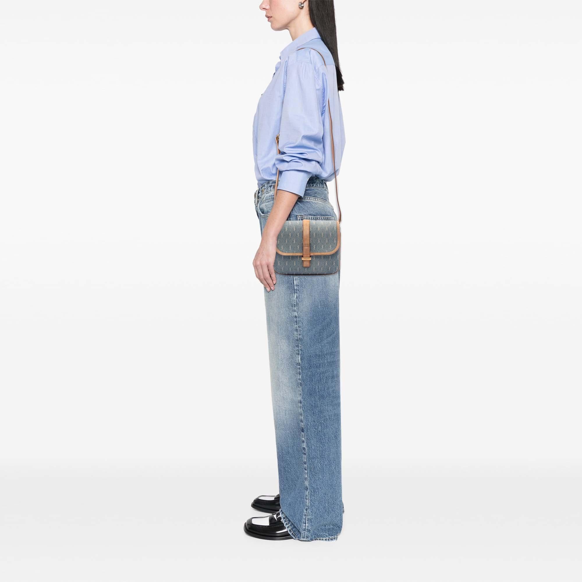 Saint Laurent Suede Trimmed Denim Monogram Allover Crossbody
