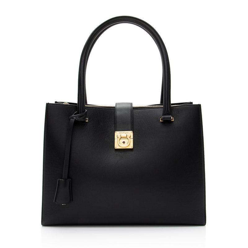 Salvatore Ferragamo Calfskin Gancini Lock Marlene Medium Tote (SHF-UREkYB)