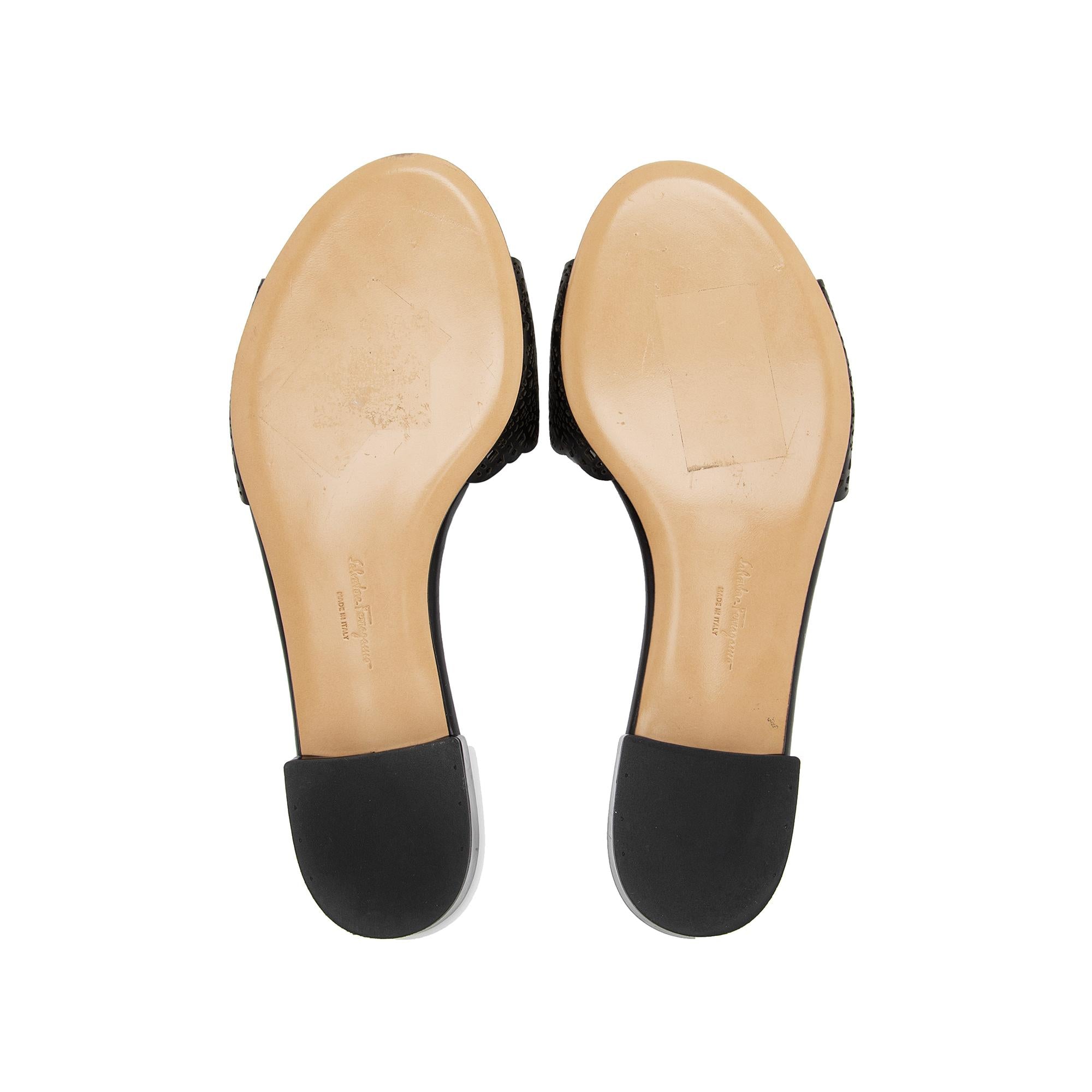 Salvatore Ferragamo Calfskin Laser Cut Gil Wide Slide Sandals - Size 7.5 D / 37.5 D (SHF-df0Aqn)