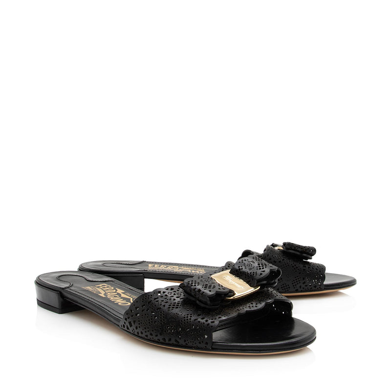 Salvatore Ferragamo Calfskin Laser Cut Gil Wide Slide Sandals - Size 7.5 D / 37.5 D (SHF-df0Aqn)
