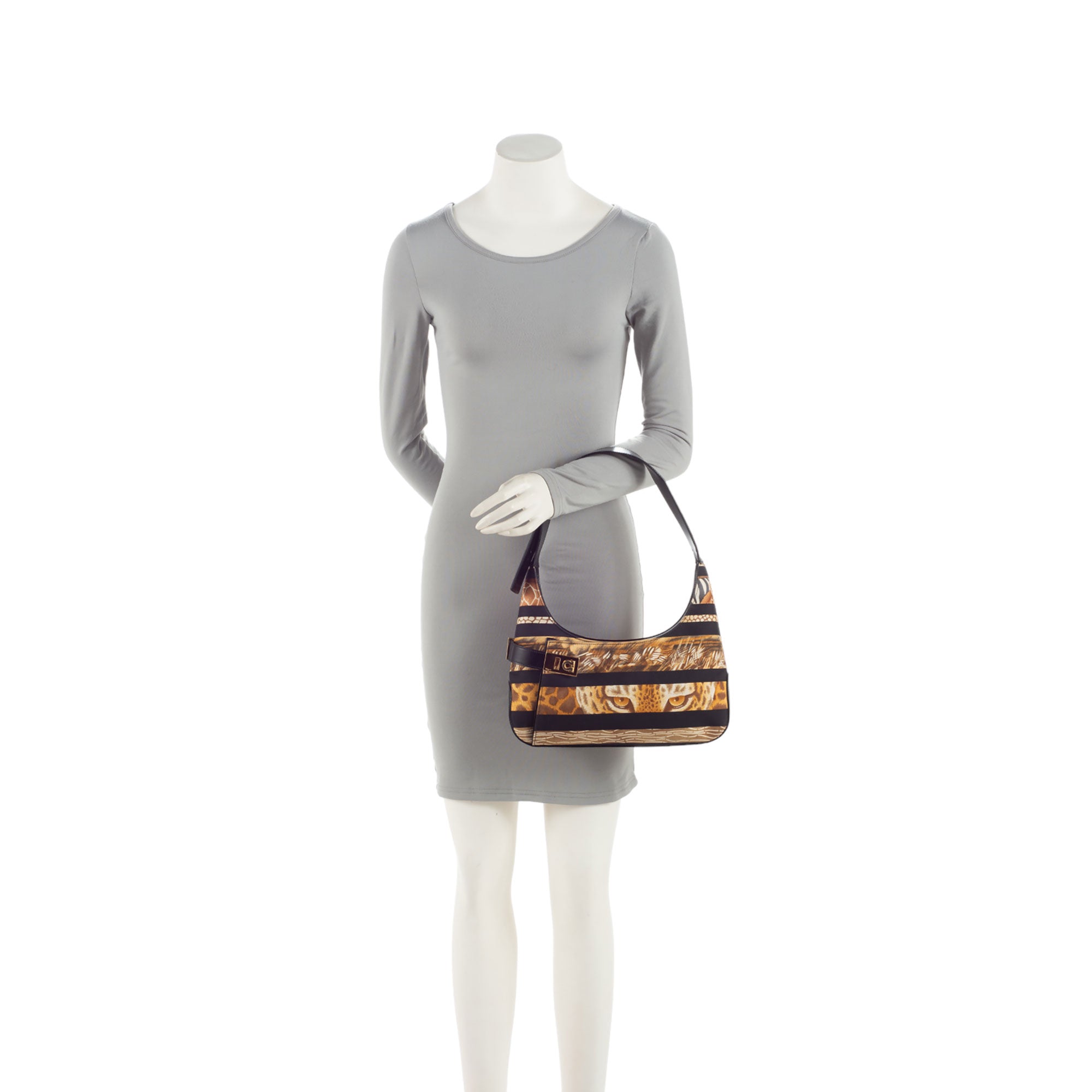 Salvatore Ferragamo Leather Canvas Tiger Print Shoulder Bag (SHF-yutKPg)