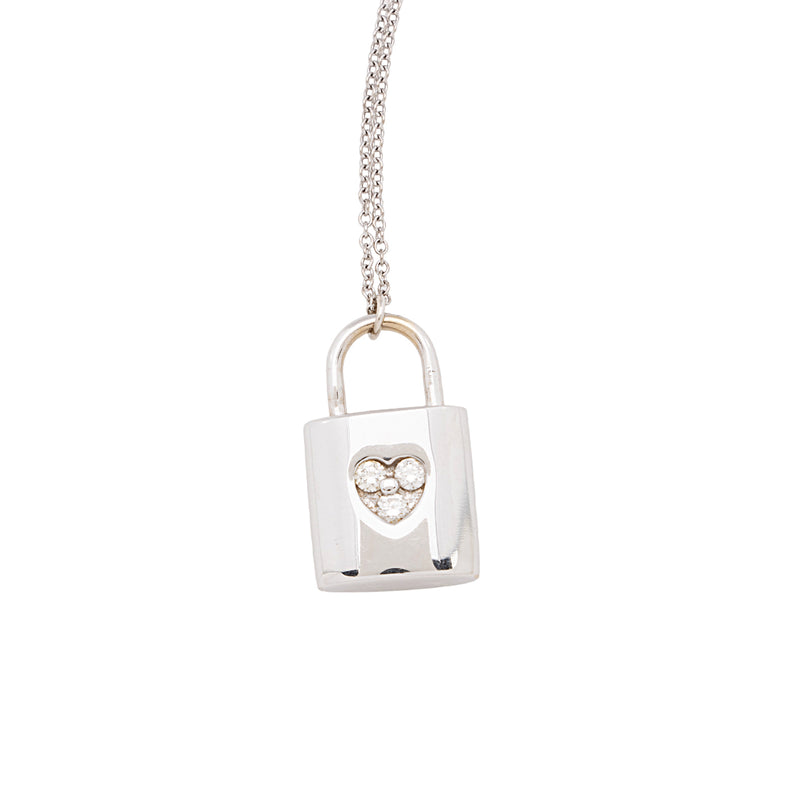 Tiffany Co. 18k White Gold Diamond Padlock Heart Pendant Necklace S LuxeDH