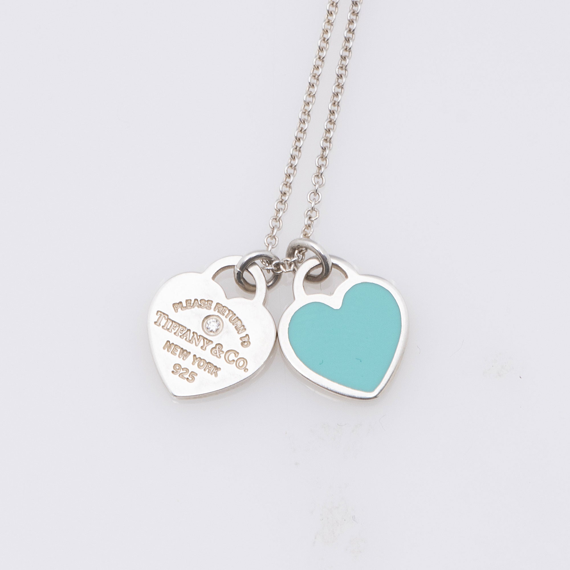 Tiffany & Co. Sterling Silver Diamond Enamel Return to Tiffany Double Heart Mini Necklace