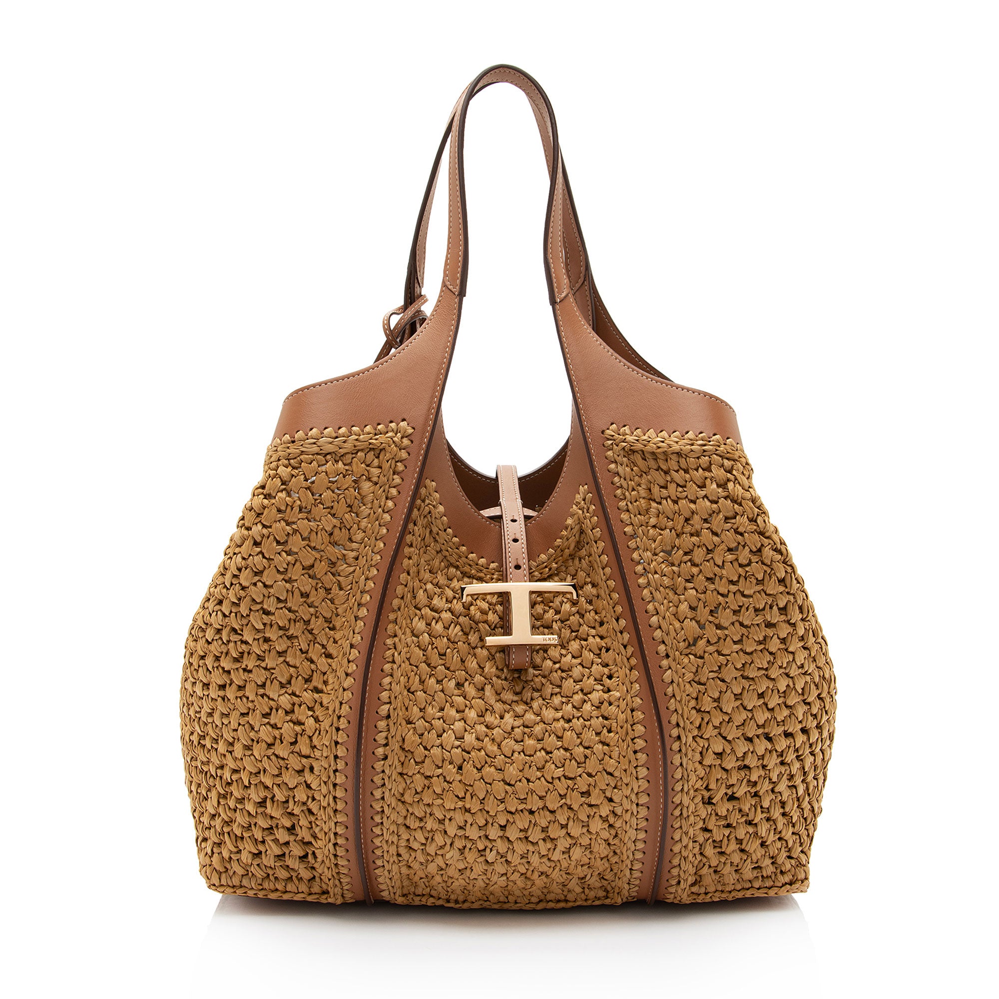 Tod's Raffia Leather Timeless T Medium Shopping Tote (SHF-z1wQMm)
