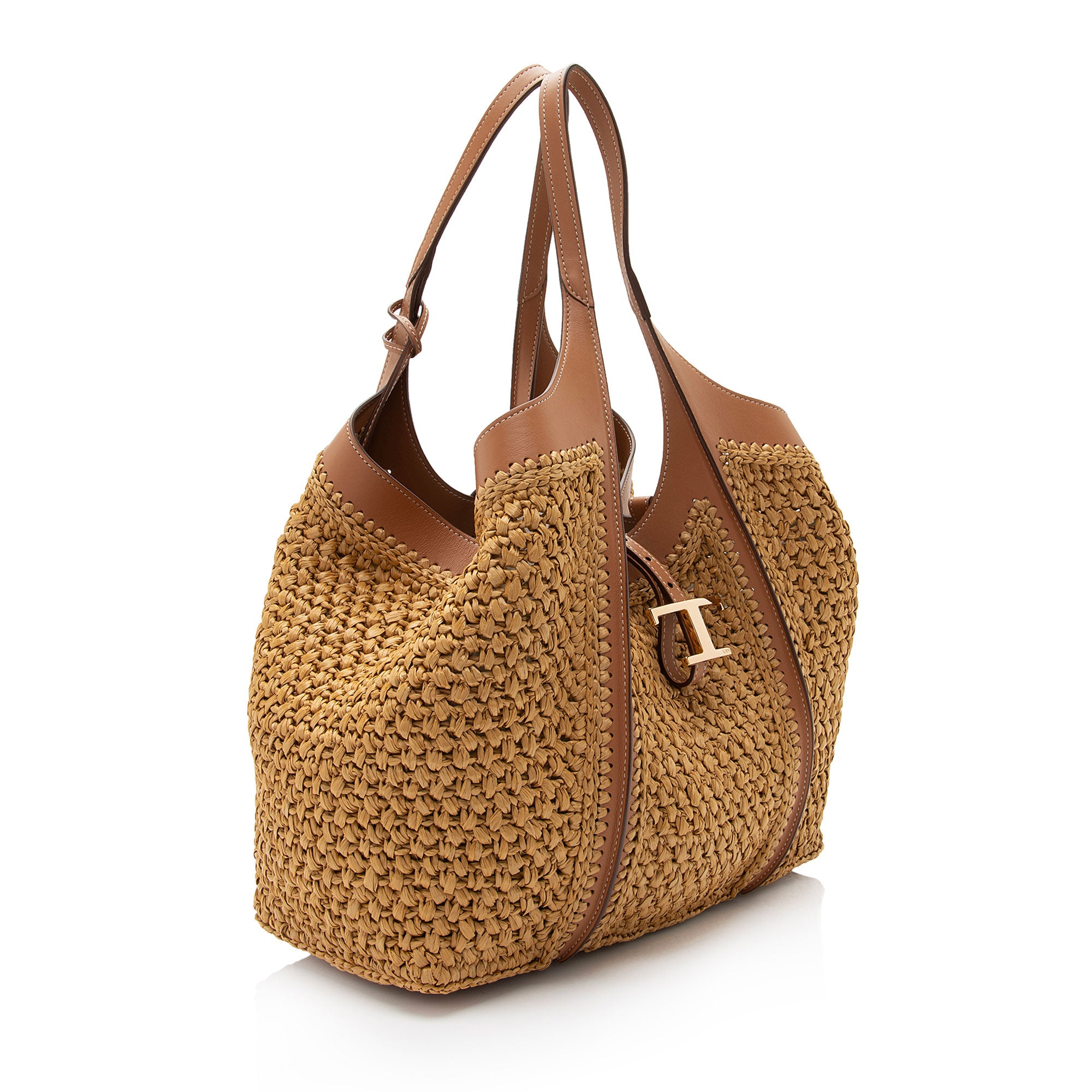Tod's Raffia Leather Timeless T Medium Shopping Tote (SHF-z1wQMm)