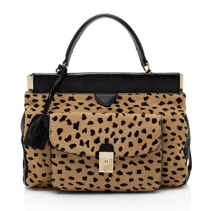 Tory Burch Calf Hair Leopard Print Priscilla Frame Small Satchel