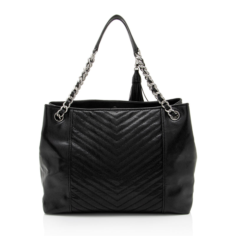 Tory Burch Distressed Leather Chevron Fleming Tote (SHF-558EGr)