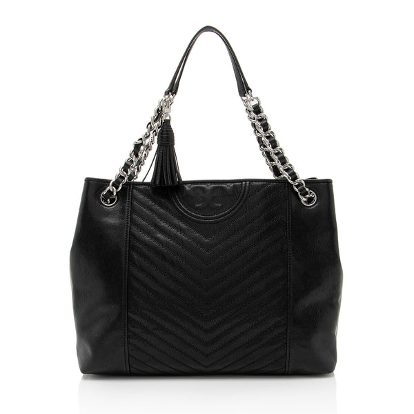 Tory Burch Distressed Leather Chevron Fleming Tote (SHF-558EGr)