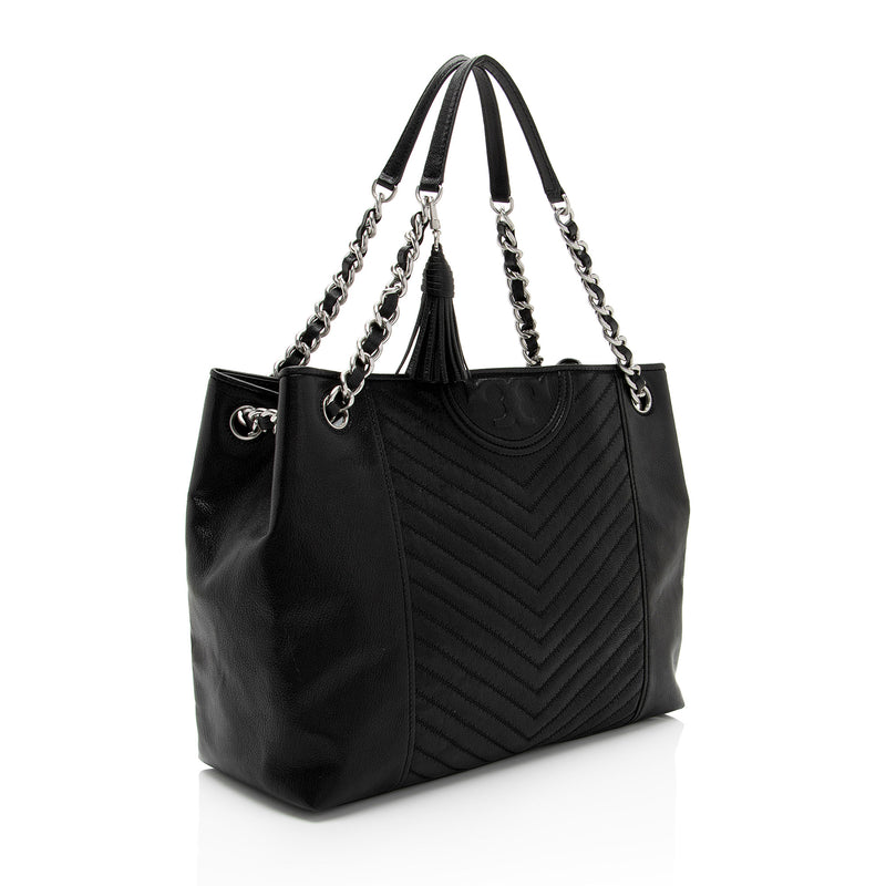 Tory Burch Distressed Leather Chevron Fleming Tote (SHF-558EGr)