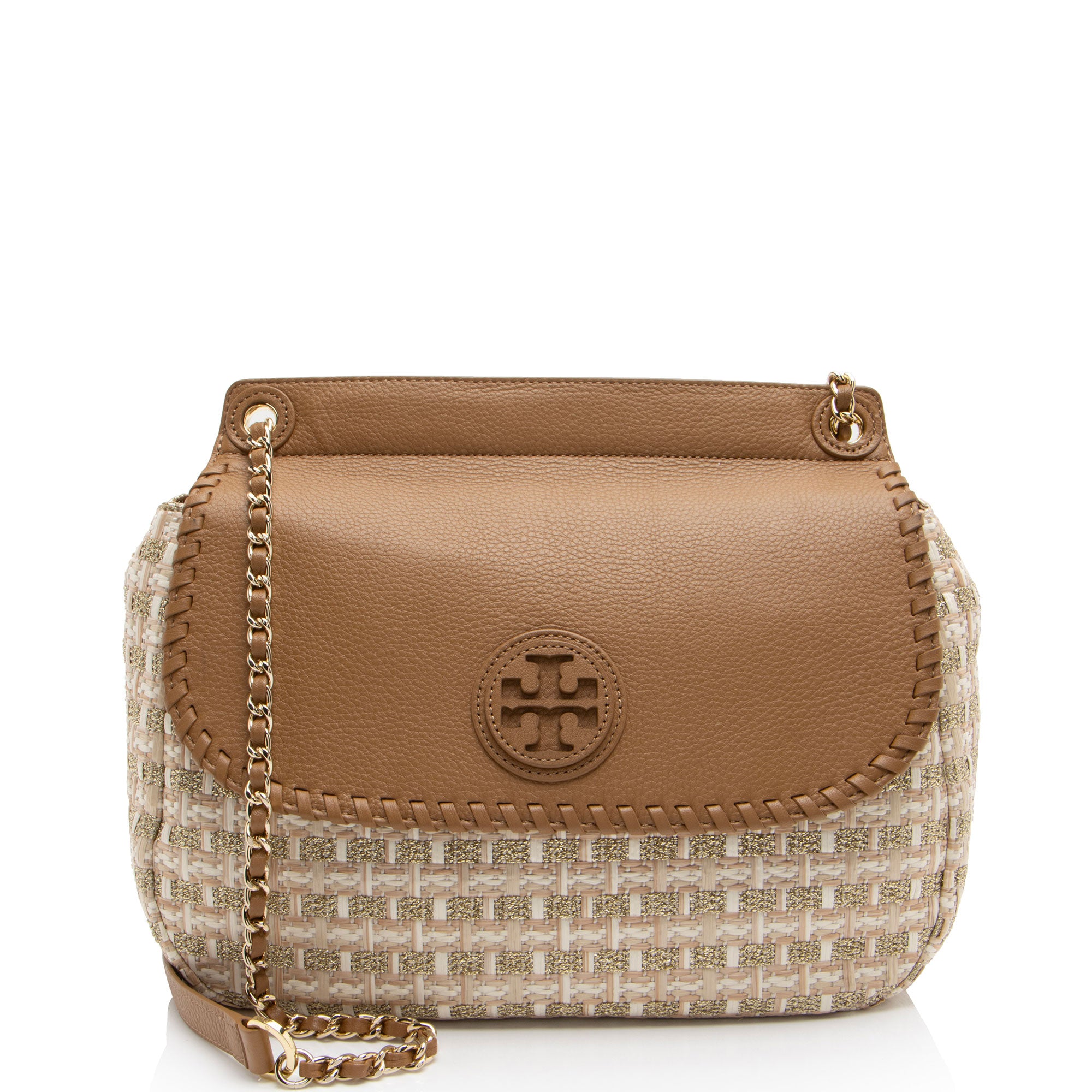 Tory Burch Leather Raffia Marion Saddle Bag (SHF-aUSocw)