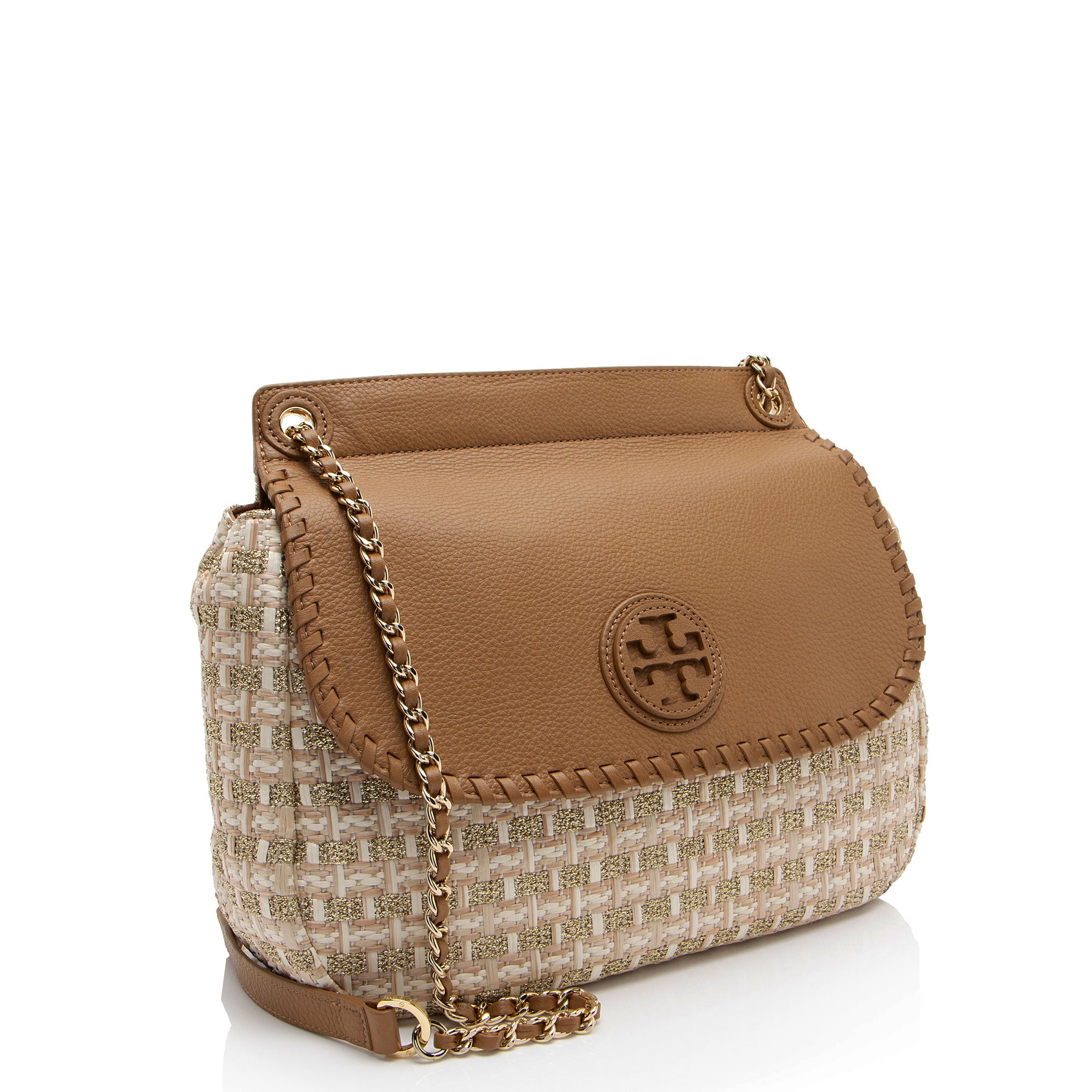 Tory Burch Leather Raffia Marion Saddle Bag (SHF-aUSocw)