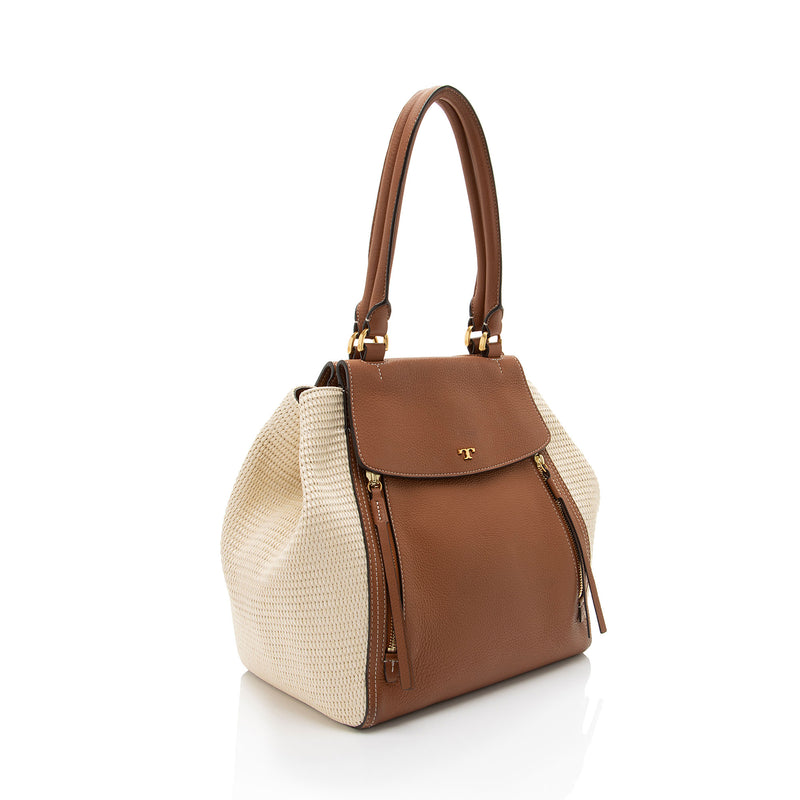 Tory Burch Leather Raffia Half Moon Medium Satchel SHF bRqpWH LuxeDH