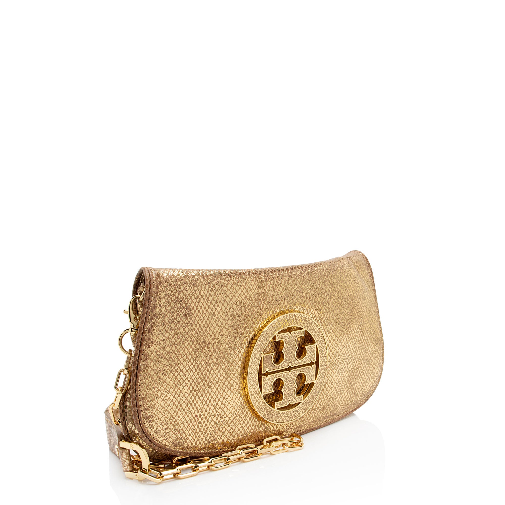 Tory Burch Metallic Embossed Snakeskin Leather Reva Clutch (SHF-q2T2di)