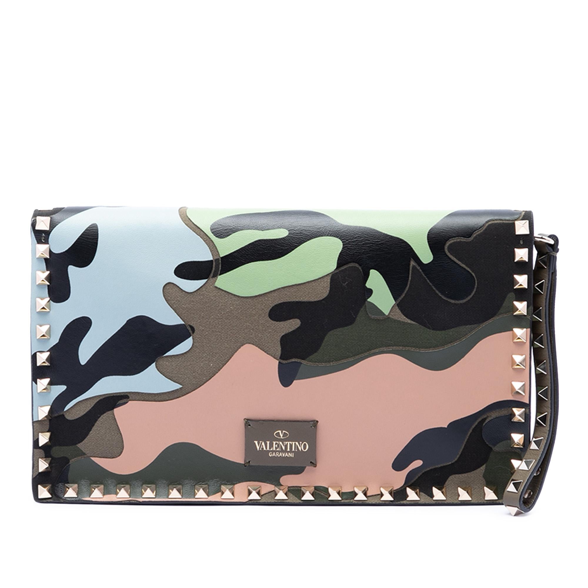 Valentino Canvas and Nappa Camouflage Rockstud Wristlet Clutch