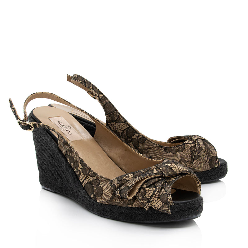 Valentino Lace Mena Bow Espadrille Wedge Slingback Sandals - Size 10 / 40 (SHF-ktURfM)