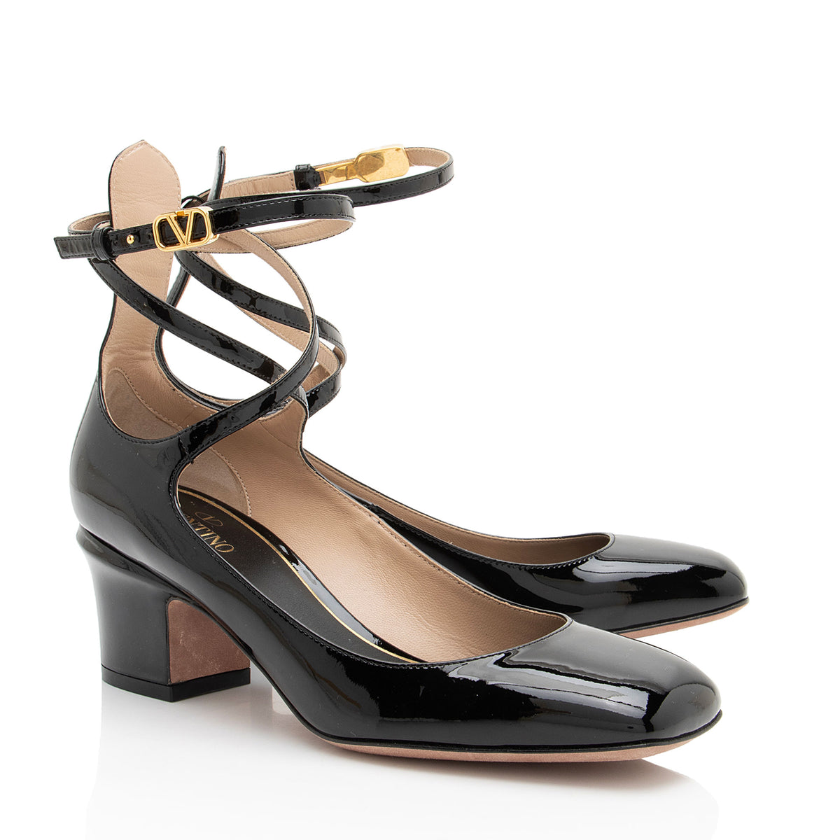 Valentino Patent Leather VLogo Tan-Go Ankle Strap Pumps - Size 6.5 / 36.5