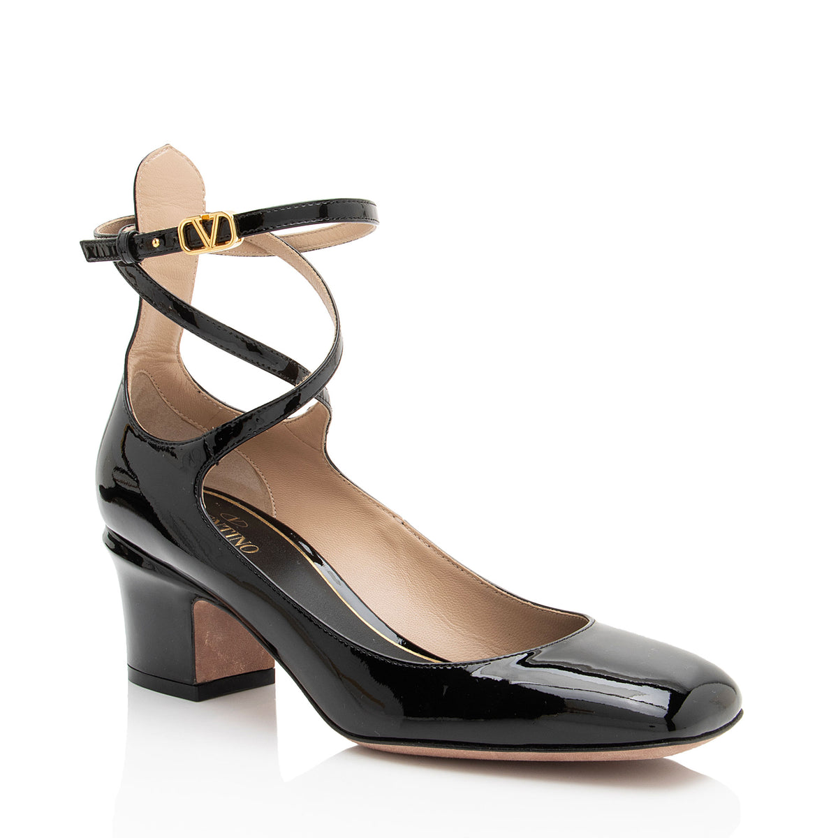 Valentino Patent Leather VLogo Tan-Go Ankle Strap Pumps - Size 6.5 / 36.5