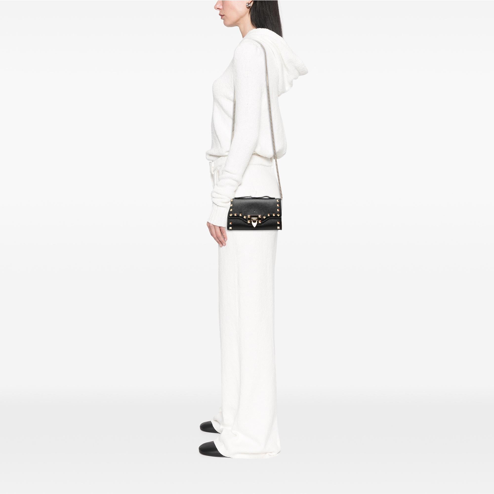 Valentino Pebbled Calfskin Rockstud Flip Lock Wallet On Chain