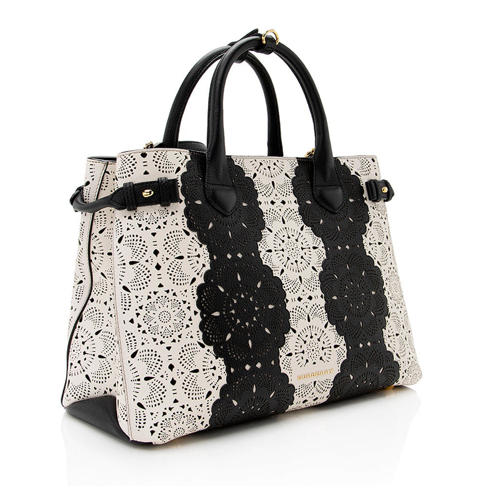 Burberry Laser Cut Leather Banner Medium Tote (SHF-22096)