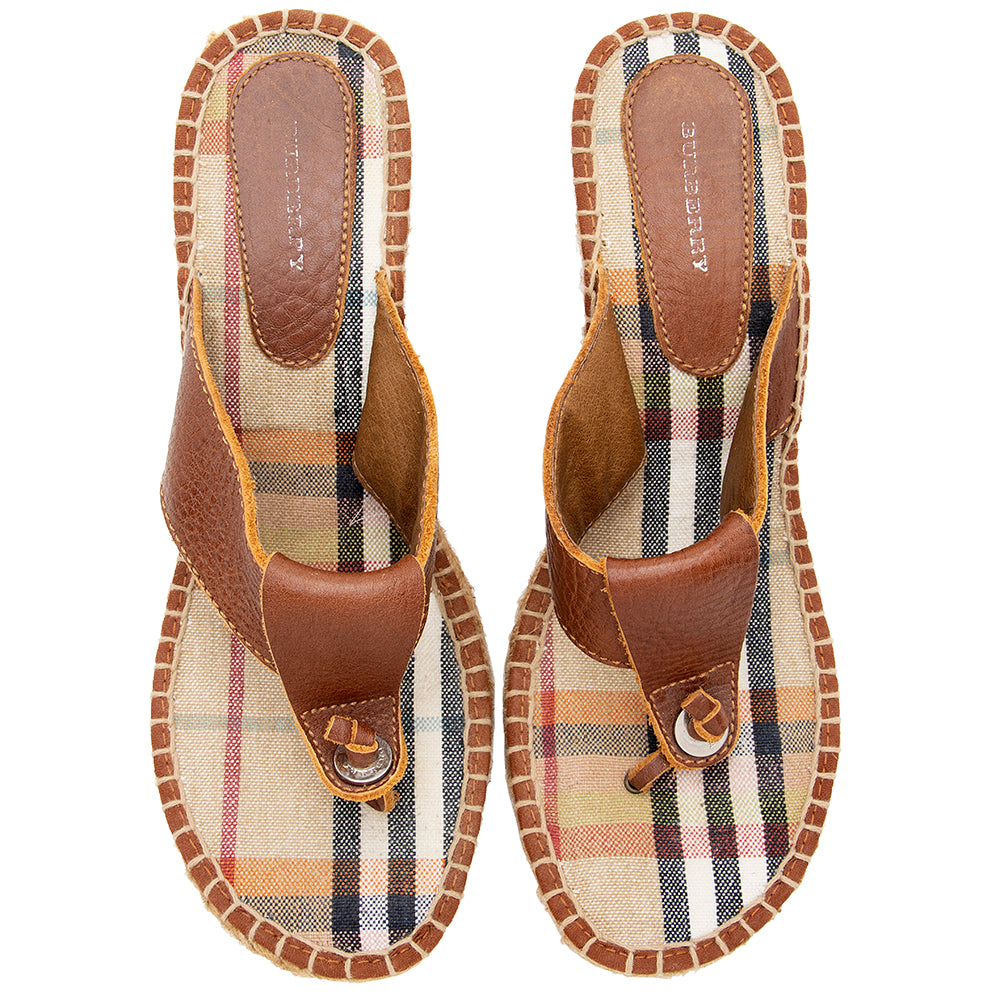 Burberry Leather Printed Wedge Thong Sandals - Size 9 / 39 (SHF-18129)