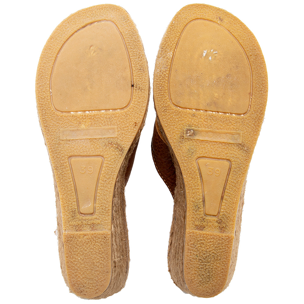 Burberry Leather Printed Wedge Thong Sandals - Size 9 / 39 (SHF-18129)