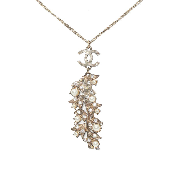 Chanel Pearl Crystal CC Pendant Necklace Gold